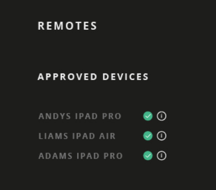 Approved Devices list in ORIA Control showing connected remote devices