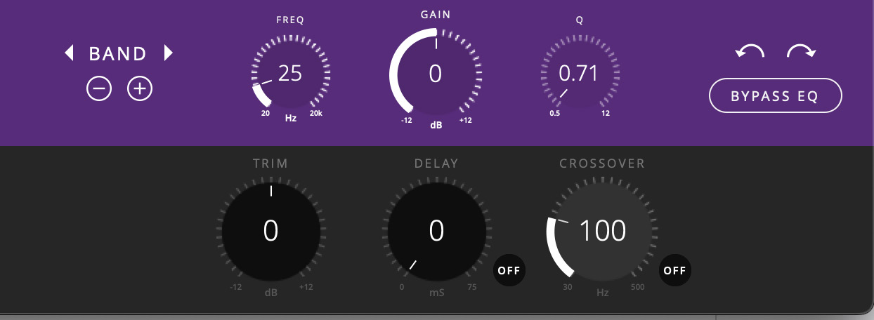 ORIA Control EQ, Trim, Delay and crossover controls with the crossover set before room measurement