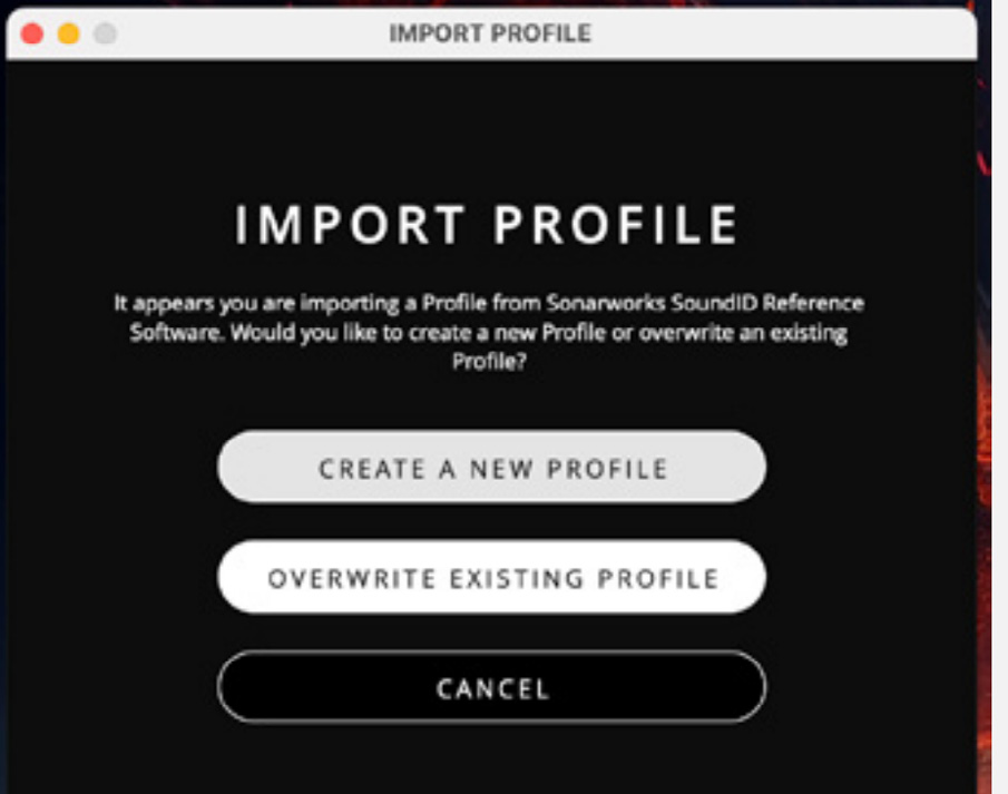 ORIA Control Import Profile window after a direct SoundID Reference transfer