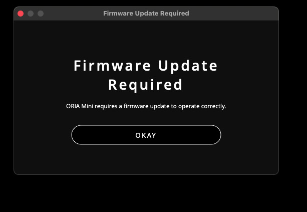 ORIA Control Firmware Update Required message
