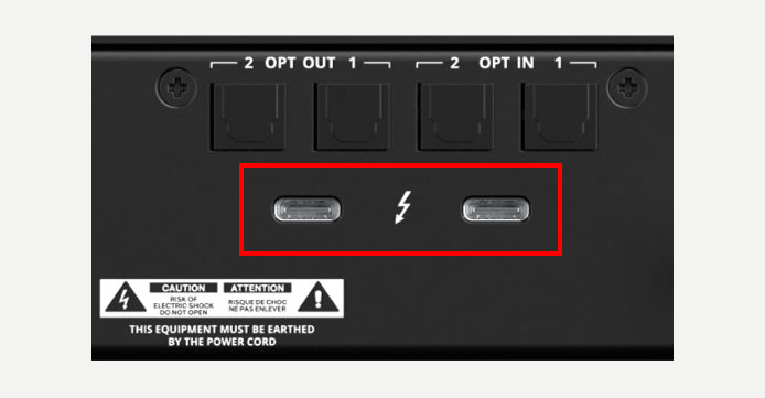 Horizon 16 – Panel posterior y conexiones, Puertos Thunderbolt