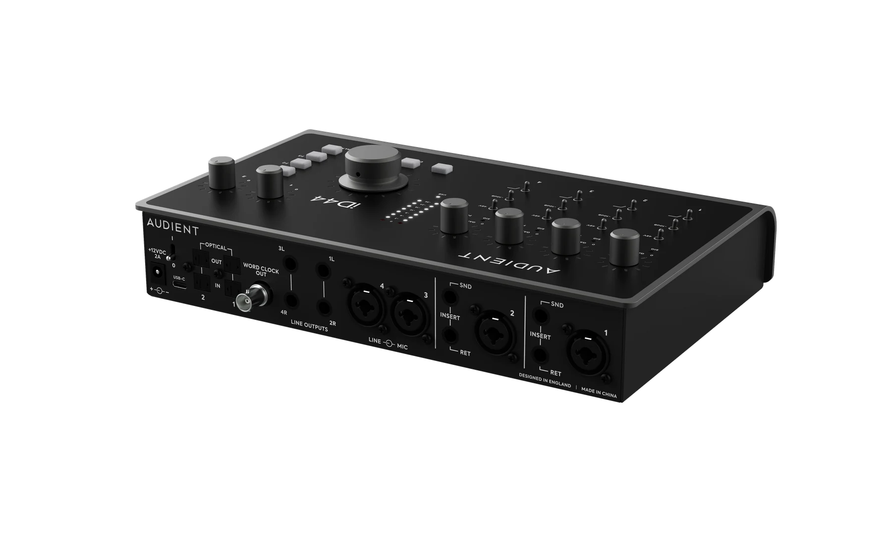 Rear three-quarter view of the Audient iD44 MKII showing its analogue and digital connections