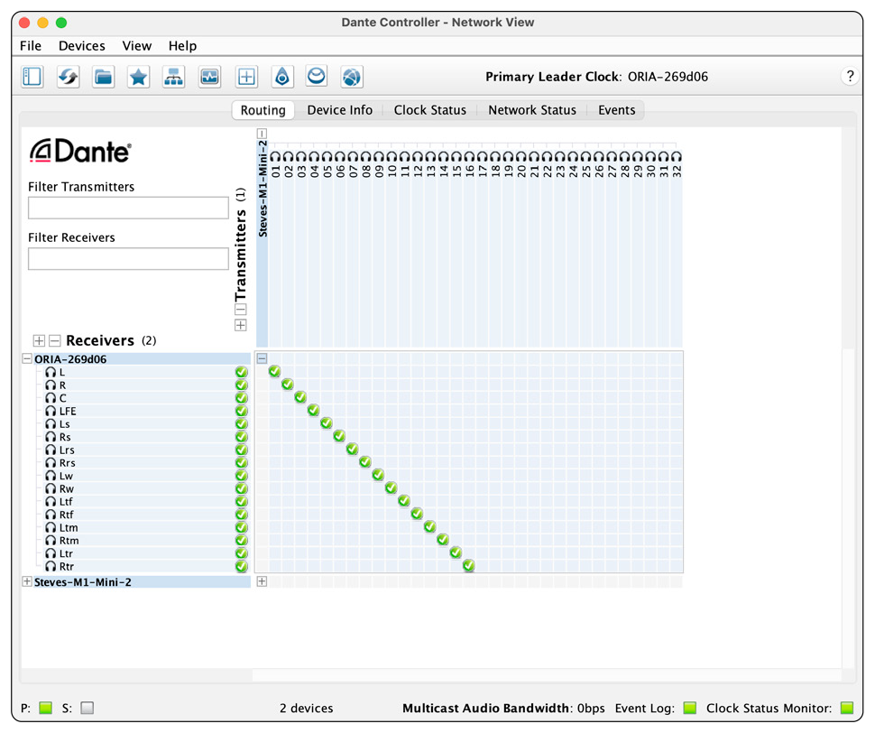 Dante Controller routing for a 9.1.6 ORIA system