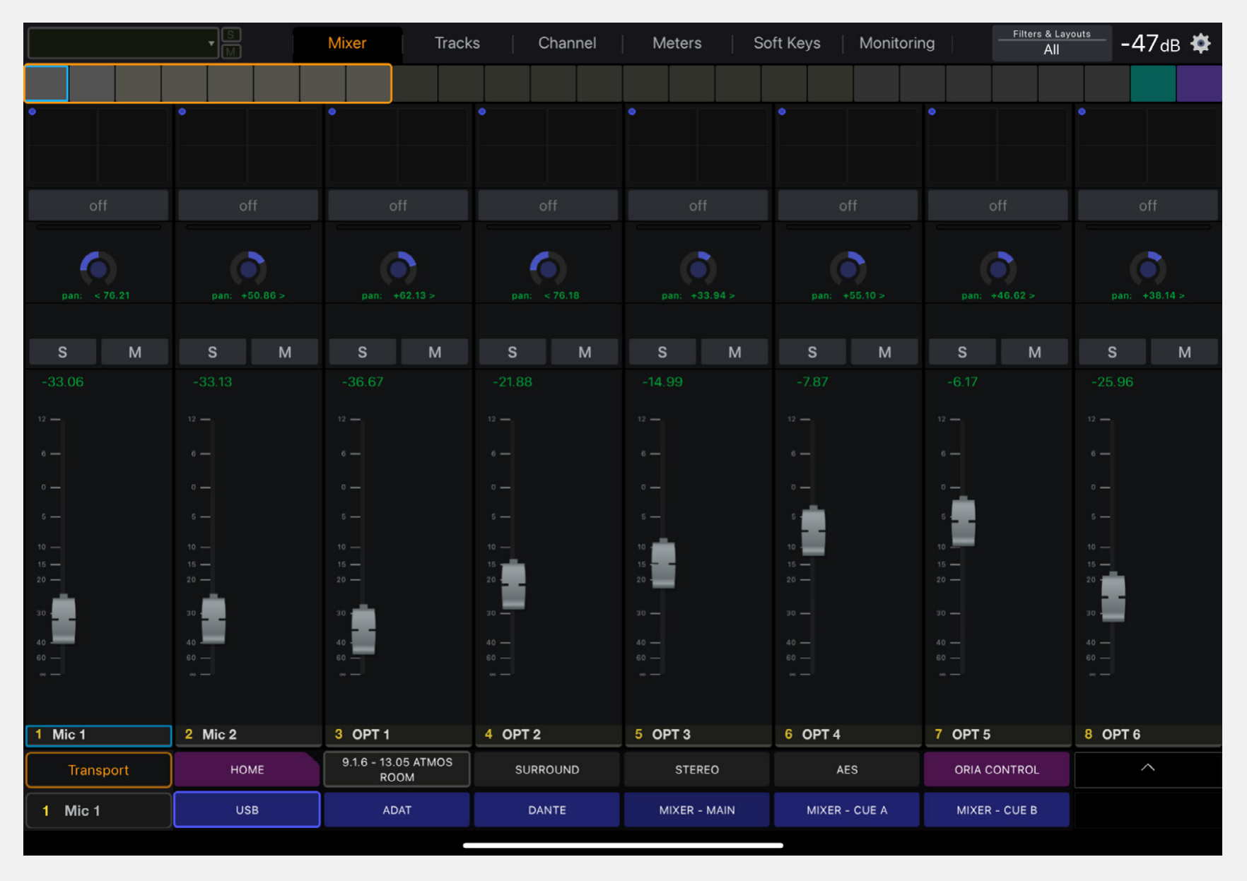 ORIA software mixer on a EUCON surface