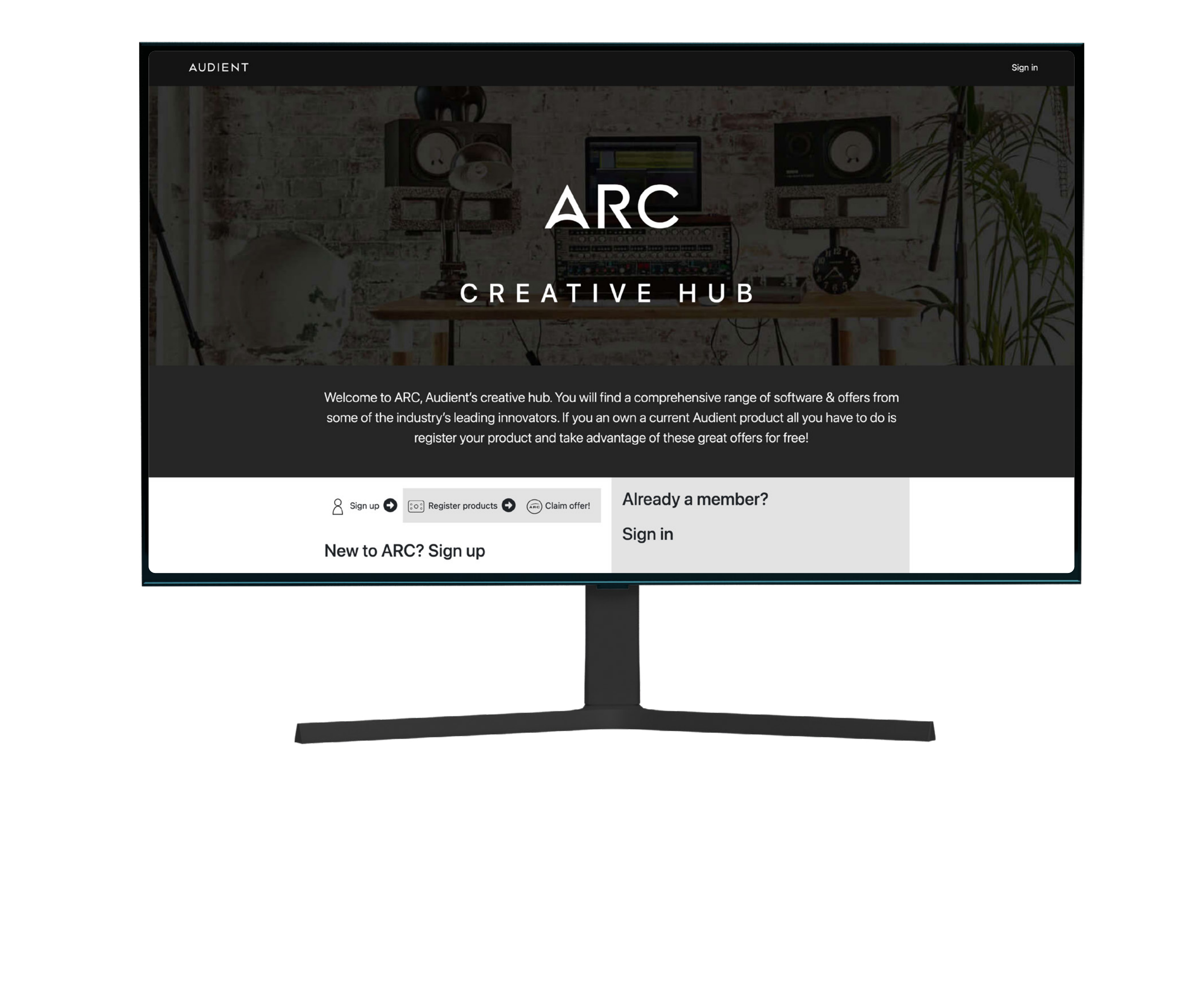 Audient ARC registration page displayed on a computer monitor