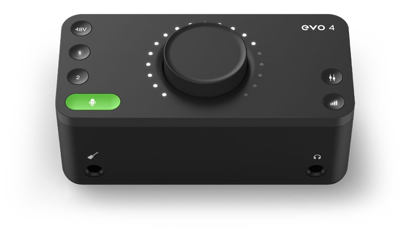 Front and top of EVO 4 showing the control surface, instrument input and headphone output