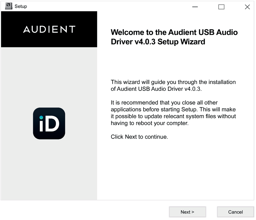 Audient USB audio driver setup wizard