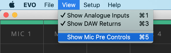 EVO Mixer View menu with Show Mic Pre Controls selected