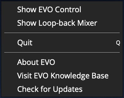EVO application menu on macOS
