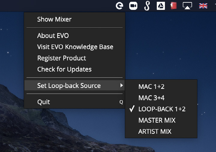 EVO application Set Loopback Source menu showing the available EVO 8 loopback sources