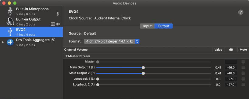 Audio MIDI Setup with EVO 4 selected and Configure Speakers available