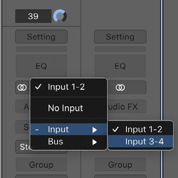 Audio application input menu showing EVO 4 loopback inputs as inputs 3 and 4