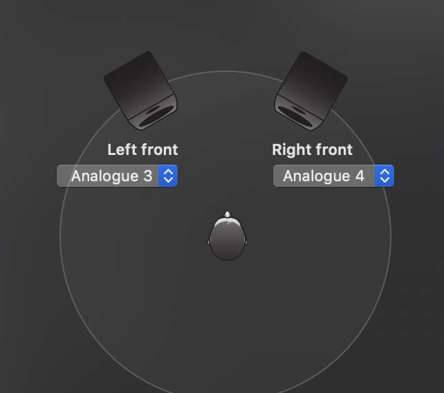 macOS speaker configuration with iD14 Analogue 3 and Analogue 4 assigned as the left and right front channels