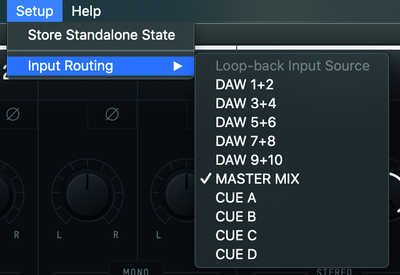 iD44 MKII Setup menu showing Loopback Input Source choices