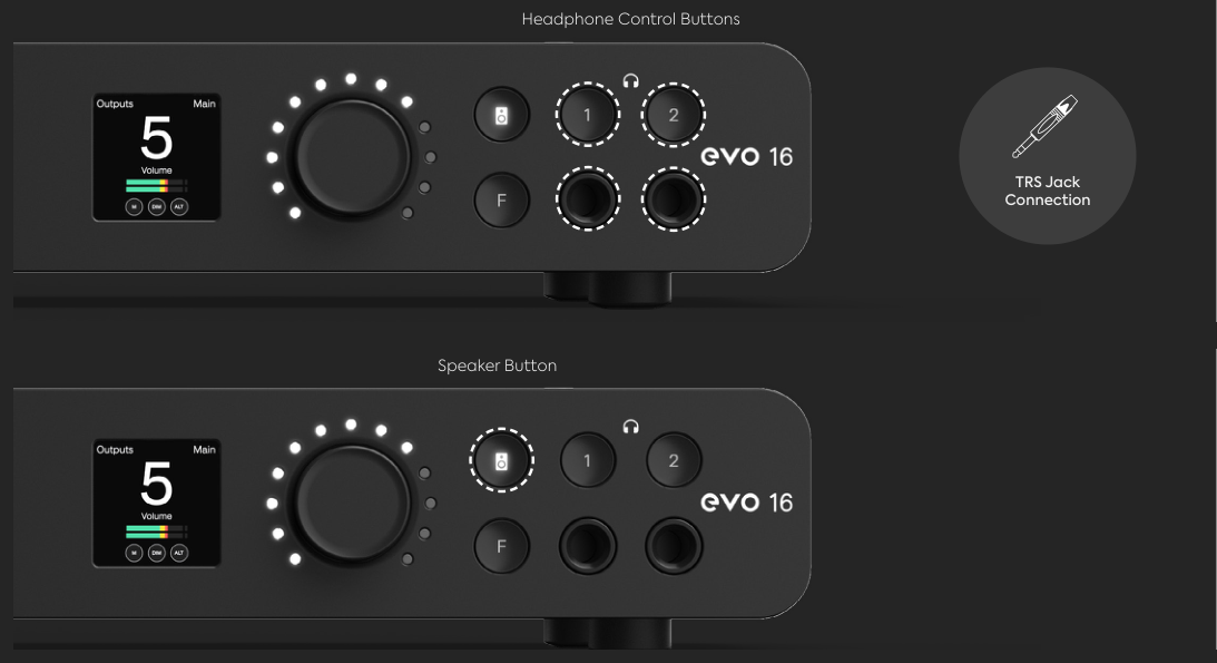 EVO 16 Speaker, headphone 1 and headphone 2 buttons beside the Control Wheel