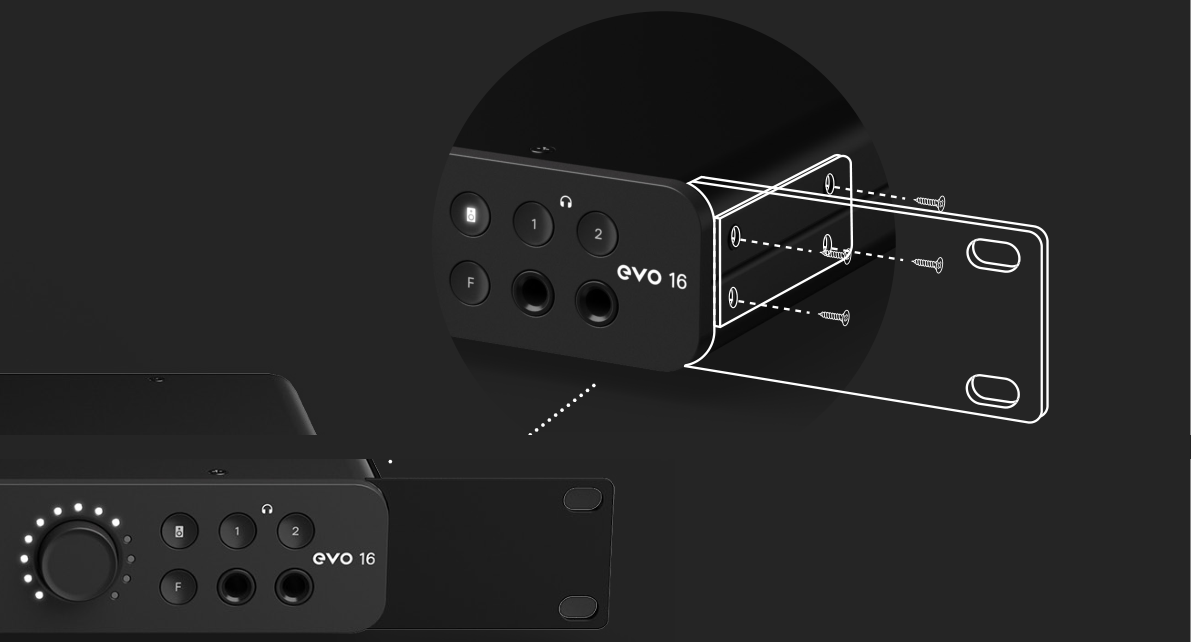 EVO 16 rack-ear installation and ventilation illustration