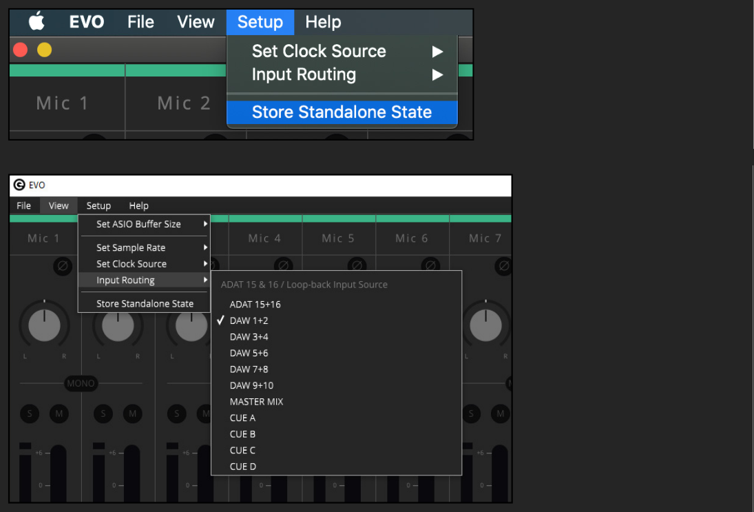 EVO 16 Input Routing menu showing loopback source options