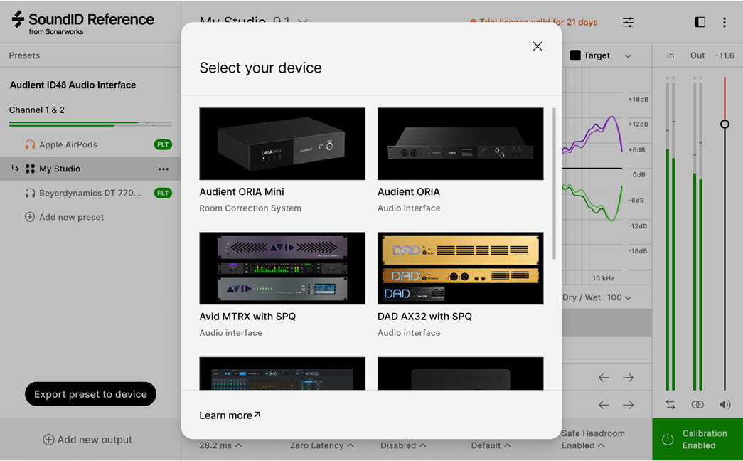SoundID Reference device-selection window with Audient ORIA Mini selected