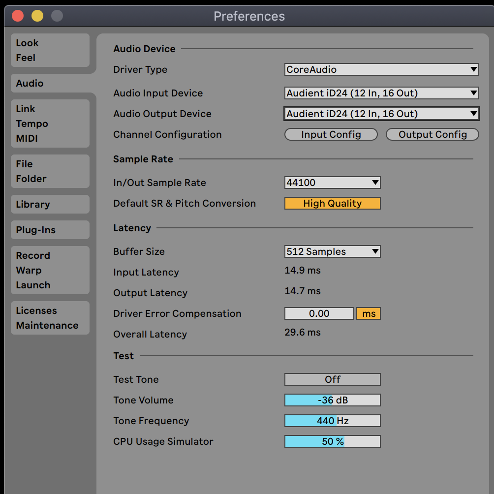 Ableton Live ऑडियो सेटिंग्स reference