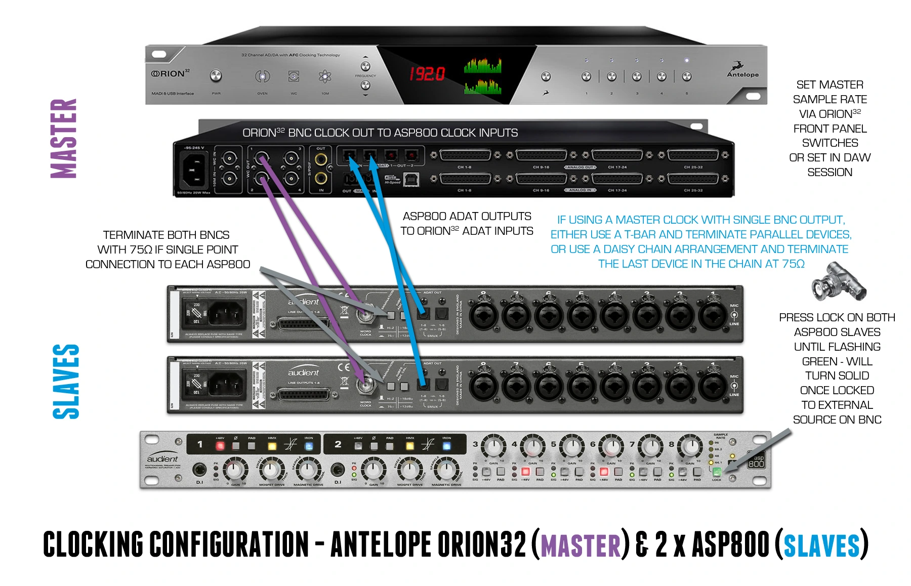 Audient iD22 को master के रूप में चलाता ASP800 क्लॉकिंग उदाहरण