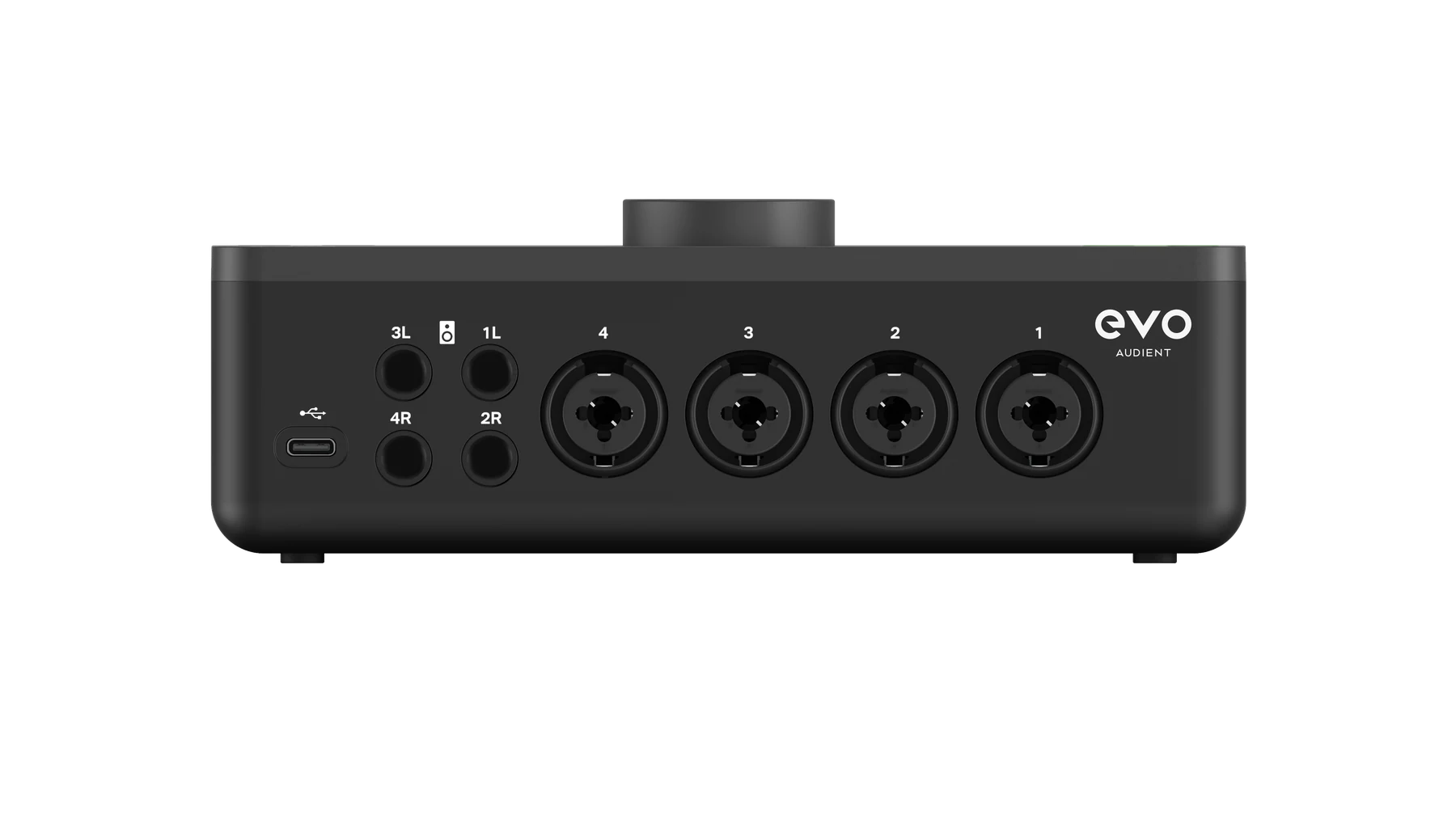 EVO 8 का rear जिसमें USB-C, स्पीकर आउटपुट्स 1 से 4, और माइक्रोफ़ोन या line इनपुट्स 1 से 4 दिख रहे हैं