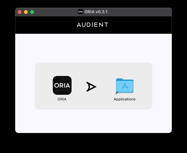 ORIA Control macOS installer जिसमें application को Applications folder में drag करते दिखाया गया है
