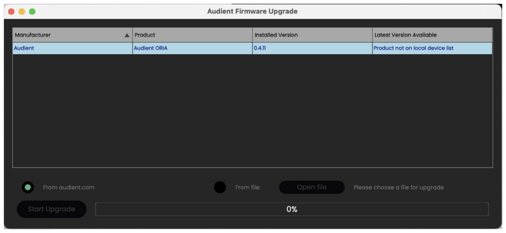 ORIA चुनना और firmware update शुरू करना