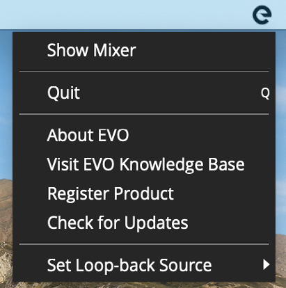 EVO ऐप्लिकेशन मेन्यू जिसमें मिक्सर, update और loopback options दिख रहे हैं