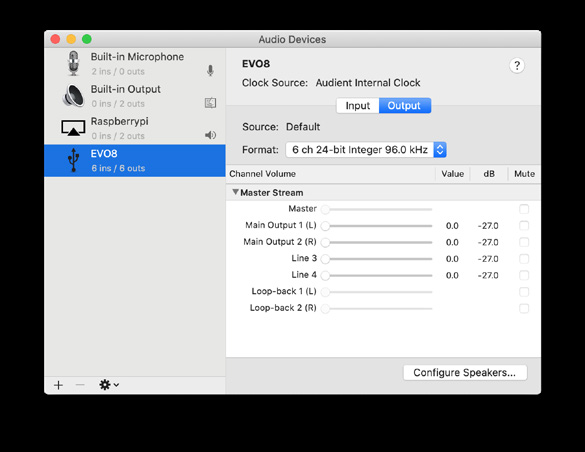 Audio MIDI Setup जिसमें EVO 8 सिलेक्टेड है