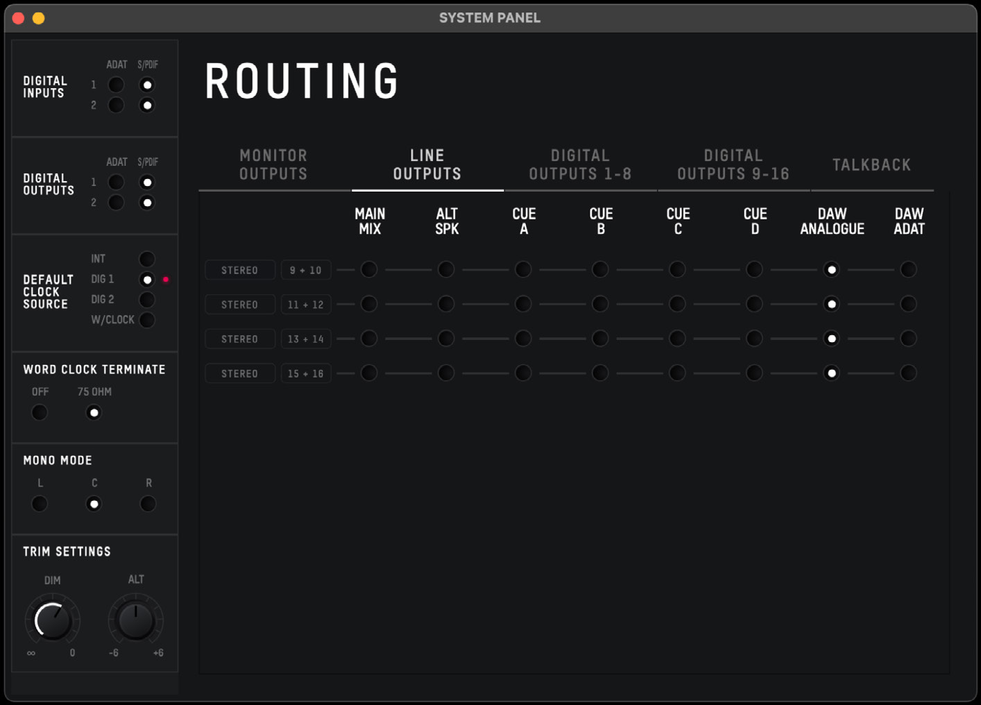 Main Mix, Alt, Cue, DAW एनालॉग और DAW ADAT सोर्स विकल्प वाला iD48 लाइन आउटपुट्स Routing Matrix