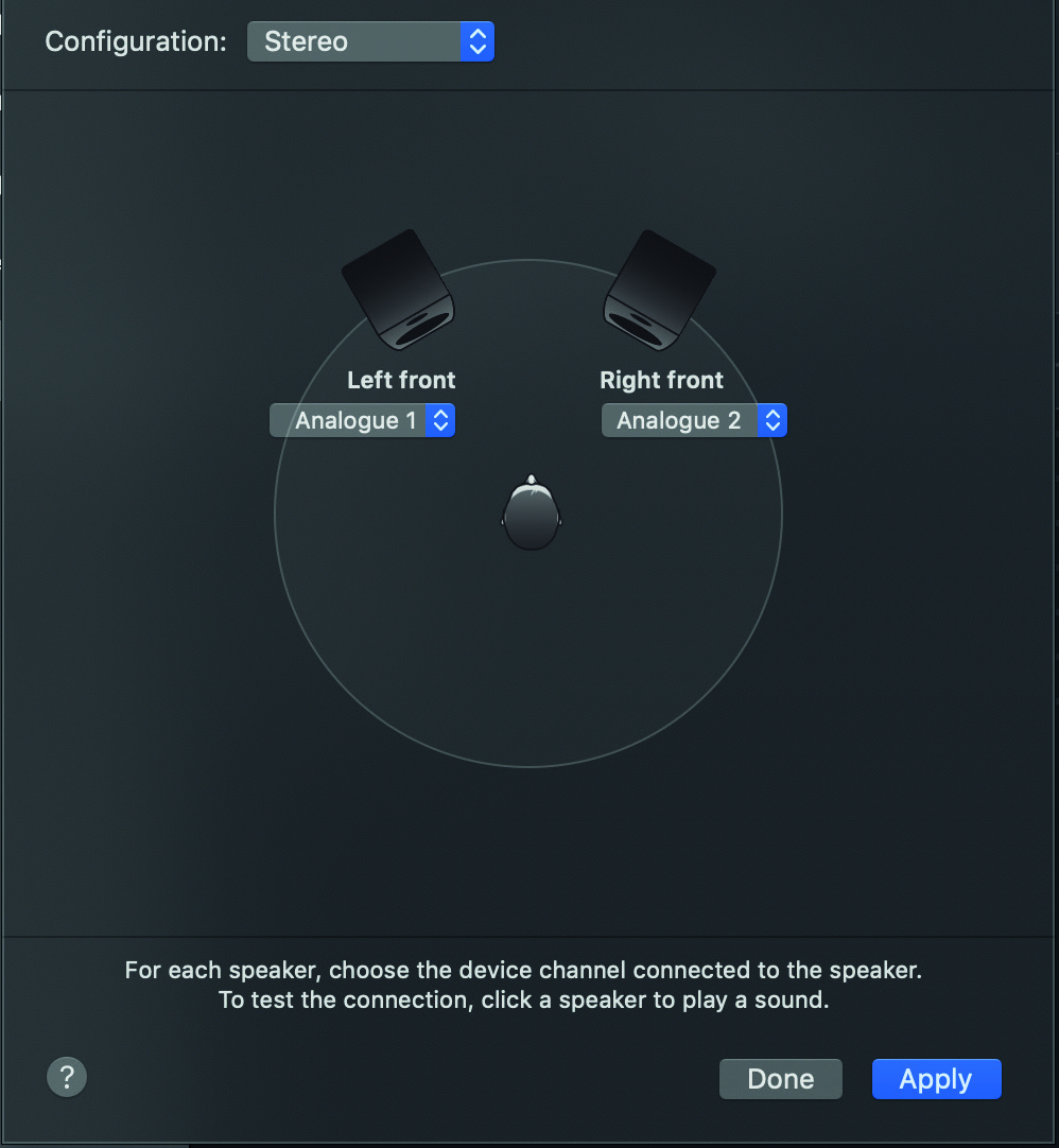 iD44 आउटपुट चैनल्स चुनने का legacy macOS स्पीकर कॉन्फ़िगरेशन उदाहरण