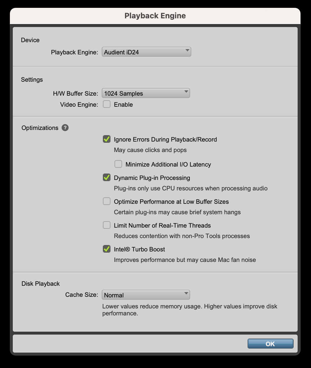 Pro Tools में iD24 प्लेबैक engine चुनना