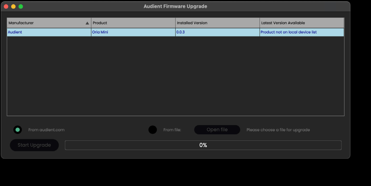 ORIA Mini を選択した Audient Firmware Upgrade ソフトウェア