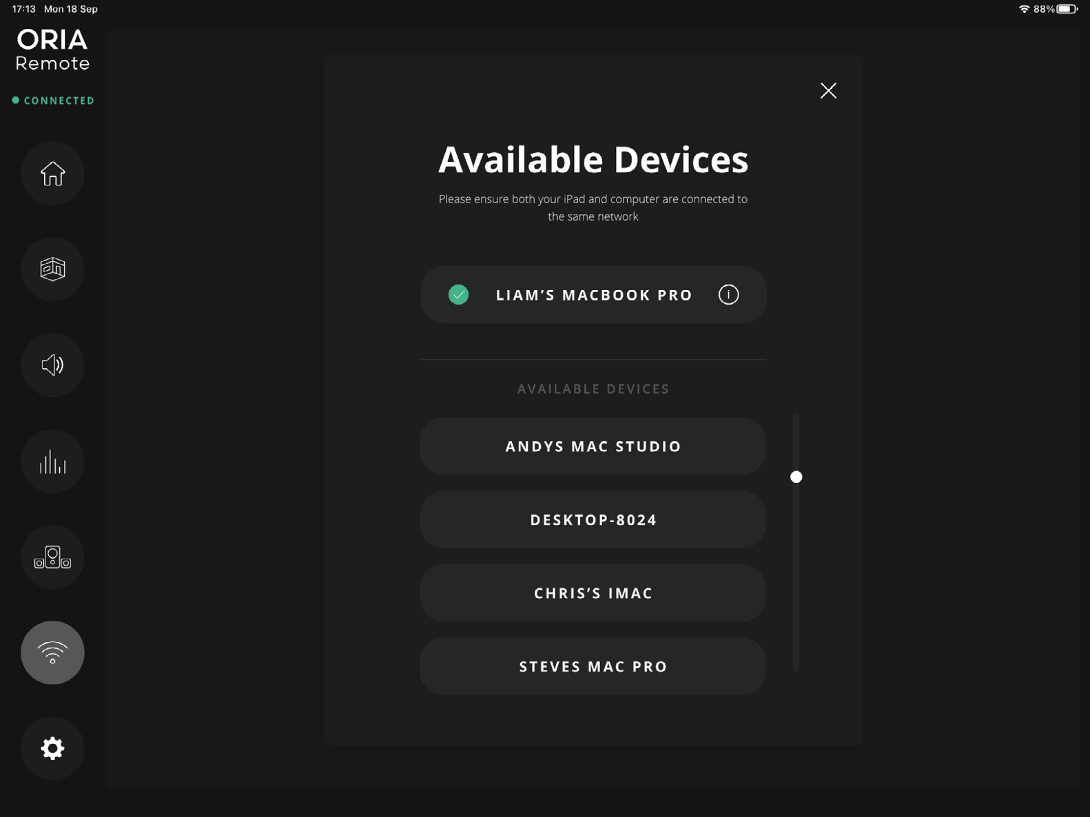 available devices を一覧表示する ORIA Remote Connection page