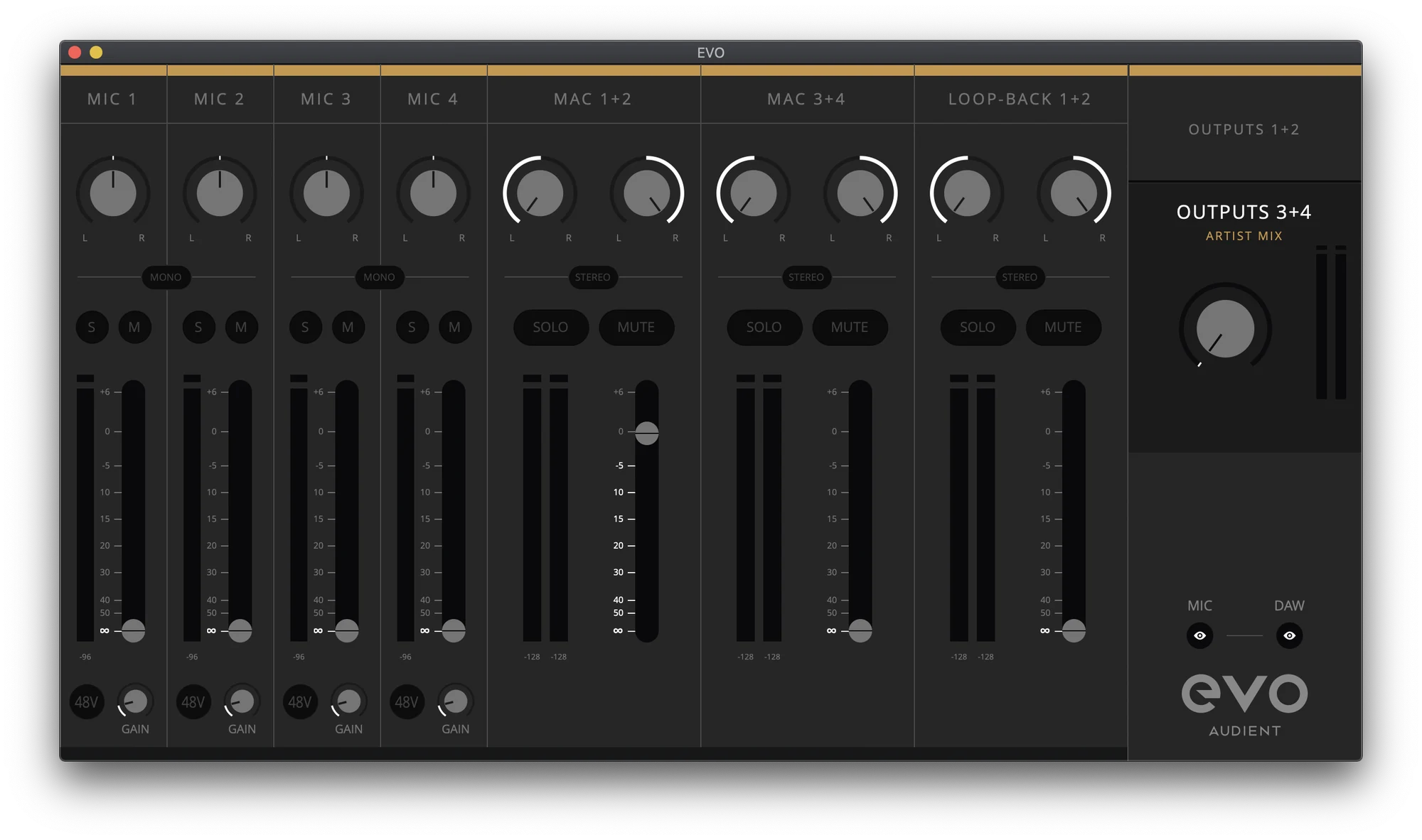 Microphone preamp controls を表示し Outputs 3+4 の Artist Mix を選択した EVO Mixer