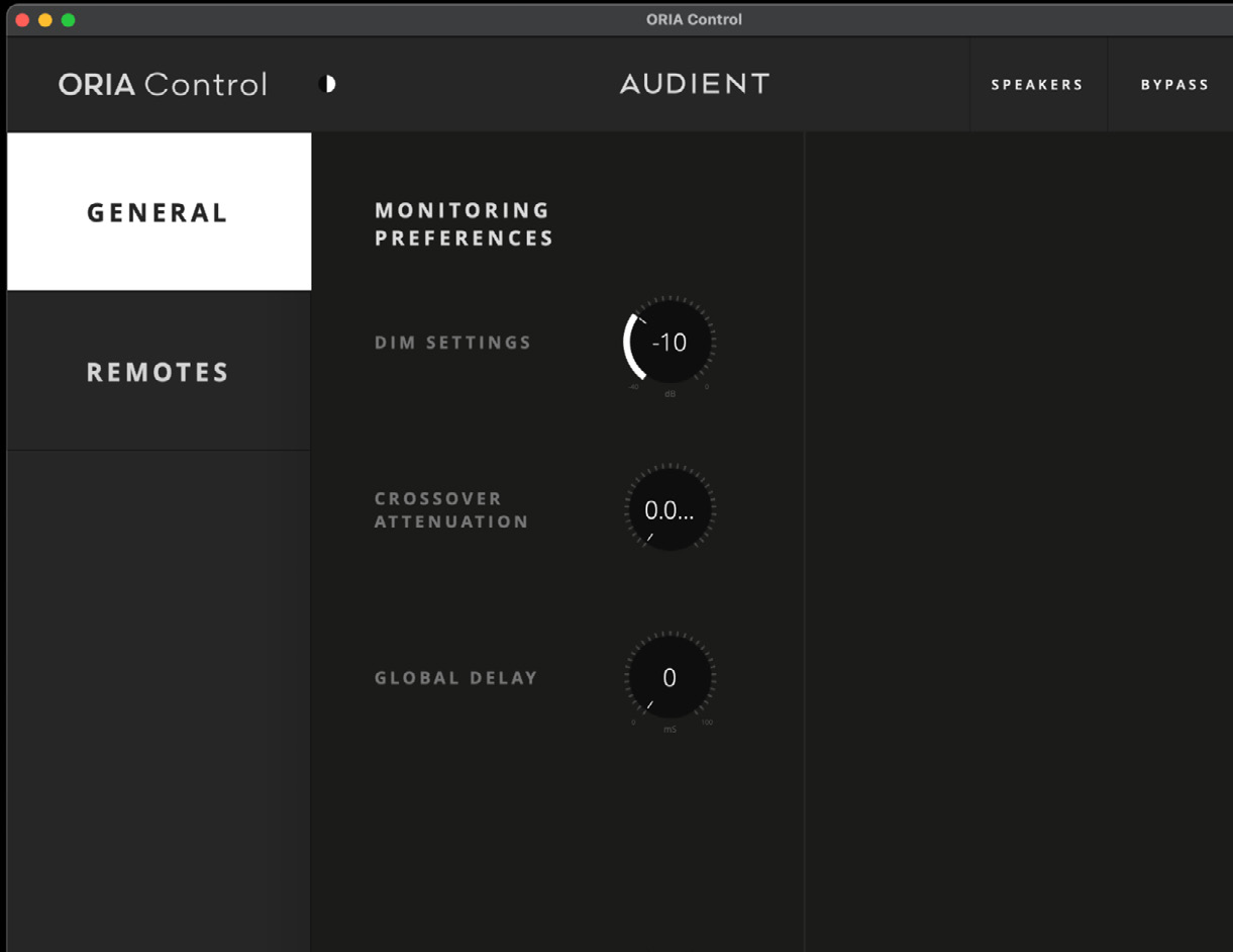 DIM Trim、Crossover Attenuation、Global Delay を表示した ORIA Control の General System パネル