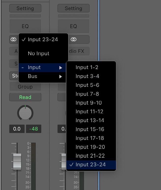 Logic Pro で iD48 入力 23 / 24 を選択