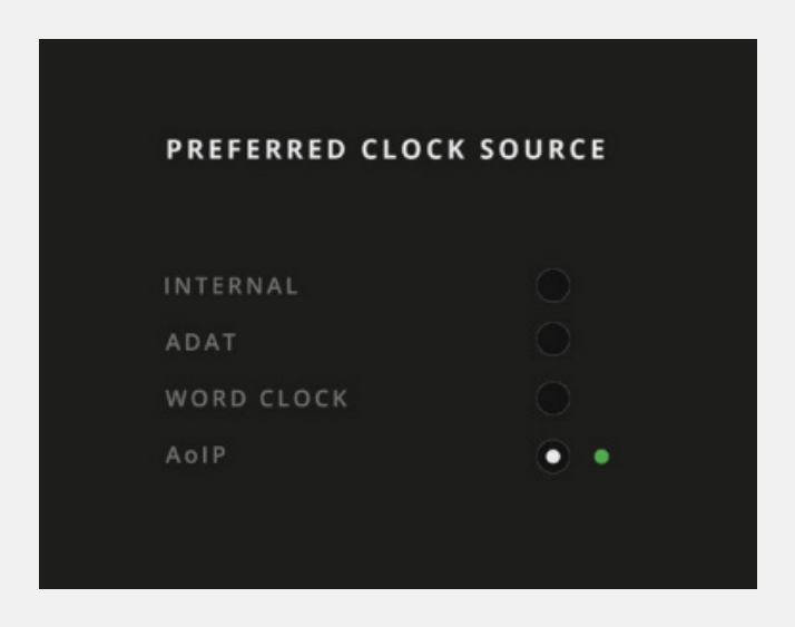 Selecting AoIP as ORIA's preferred clock source