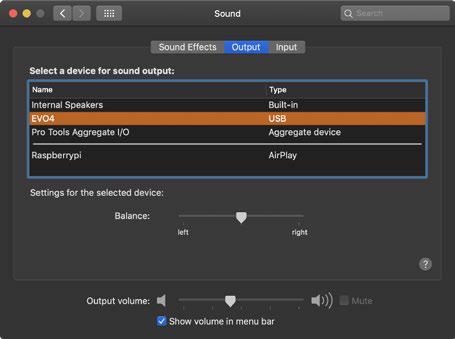 オーディオデバイス として EVO 4 を選択した macOS Sound 設定