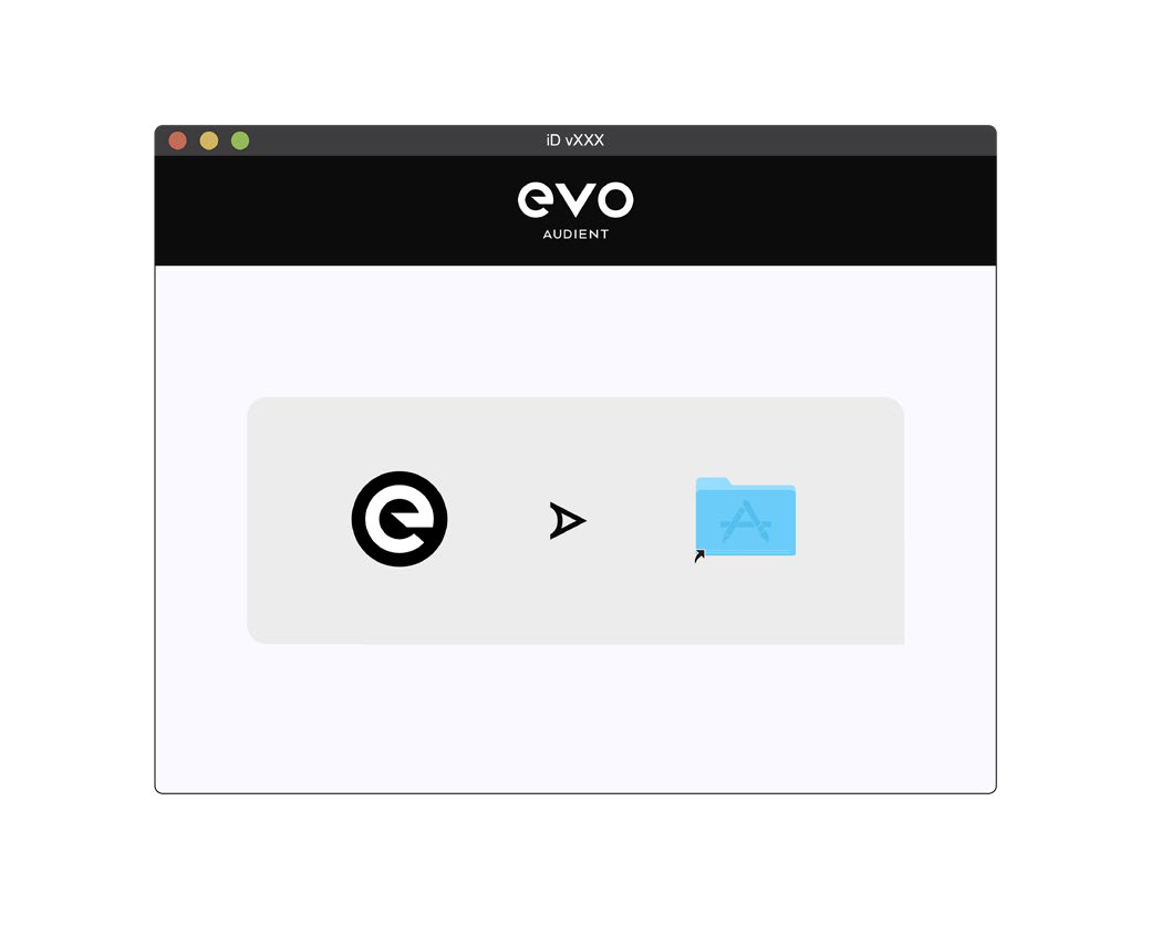 EVO アプリケーションを Applications フォルダー へドラッグする macOS インストーラー