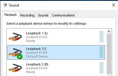 再生デバイス として EVO 4 Loopback 1+2 を表示する Windows Sound コントロールパネル