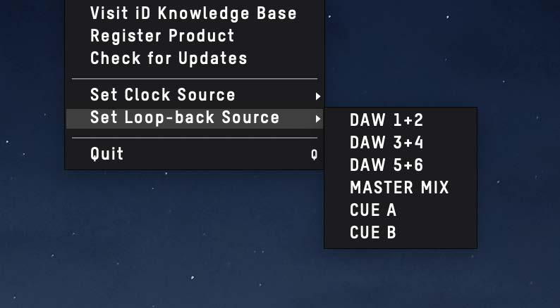 利用可能な DAW、Master Mix、Cue ソースを表示する iD Loopback ソースメニュー