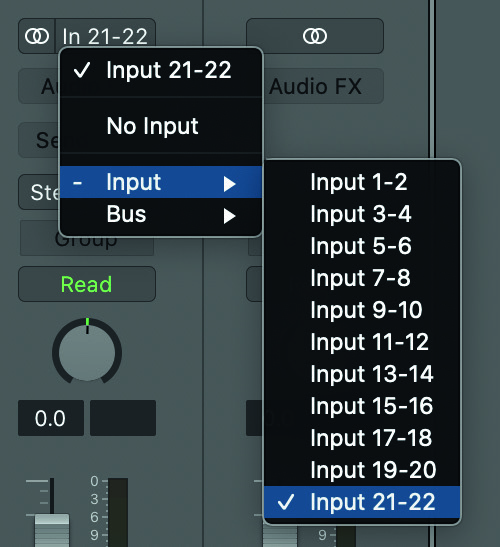 Input 21–22 を表示する録音 アプリケーション の入力セレクター