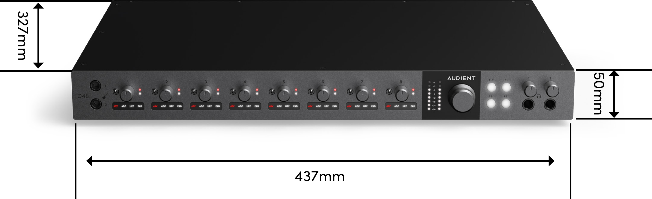 iD48 寸法: 幅437 mm、奥行き327 mm、高さ50 mm
