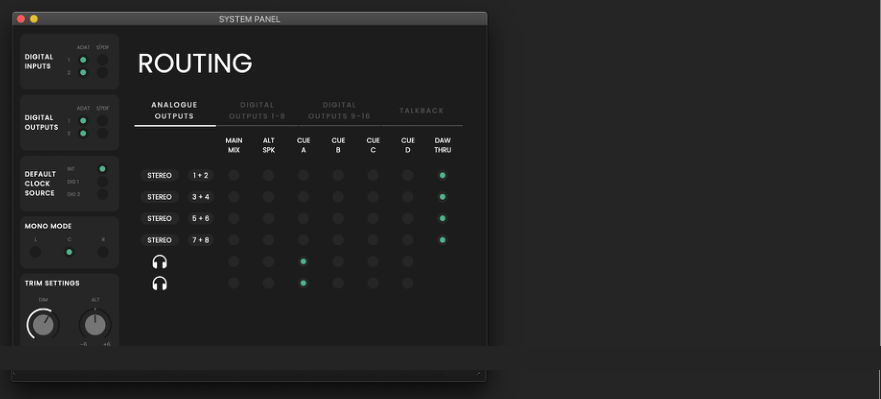 EVO 16 System Panel routing screen