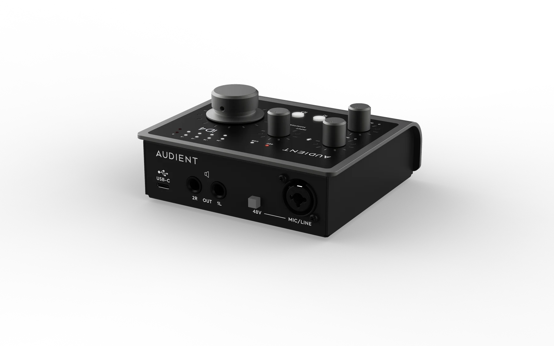 USB, 스피커 출력, 팬텀 파워 스위치 및 마이크 라인 입력이 보이는 Audient iD4 MKII 후면 3/4 뷰