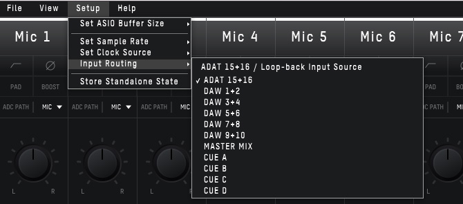 Windows의 iD48 Input Routing 메뉴