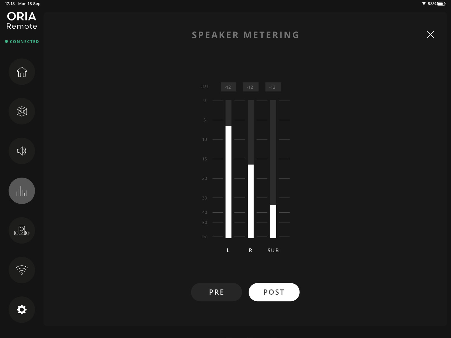 PRE 및 POST 컨트롤이 표시된 ORIA Remote Metering 페이지