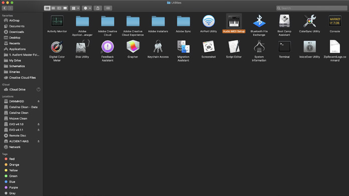 Audio MIDI Setup이 표시된 macOS 유틸리티 폴더