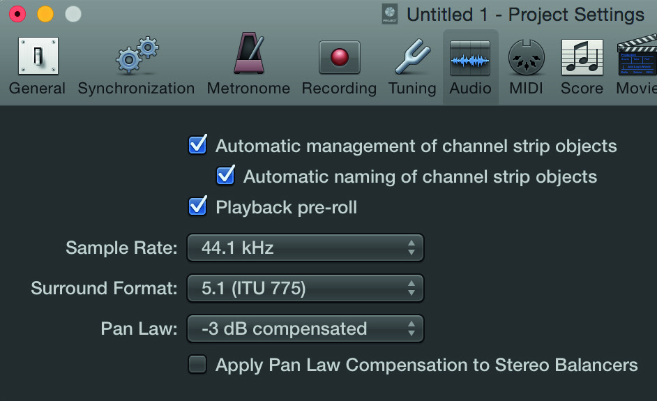 이전 Logic Pro 오디오 장치 설정 예시